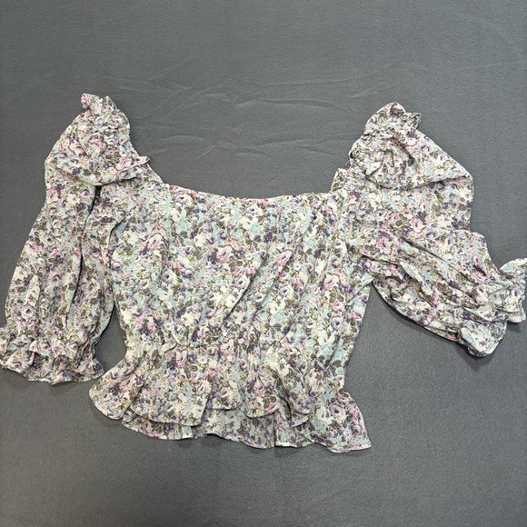 ASTR THE LABEL NEW $98 Elva Floral Ruffle Top Blue Taupe Floral Large - Picture 7 of 7